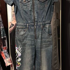 Ed Hardy Blue Denim Jumpsuit with Graphic Accent